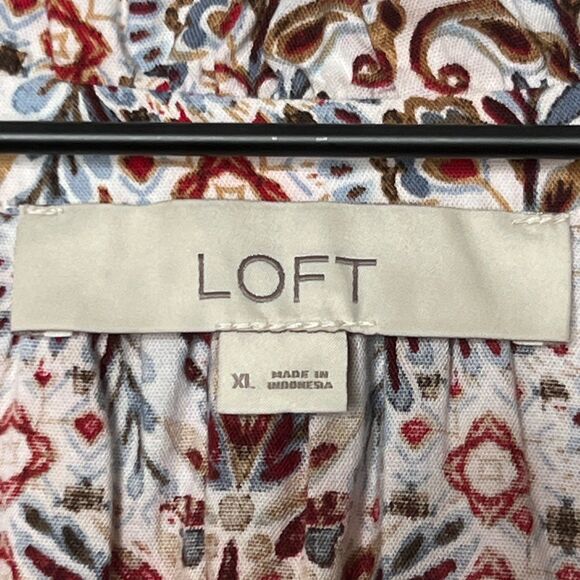 LOFT Womens Button Up Top XL Red Blue Floral Geometric Popover Boho Flowy - Picture 3 of 11